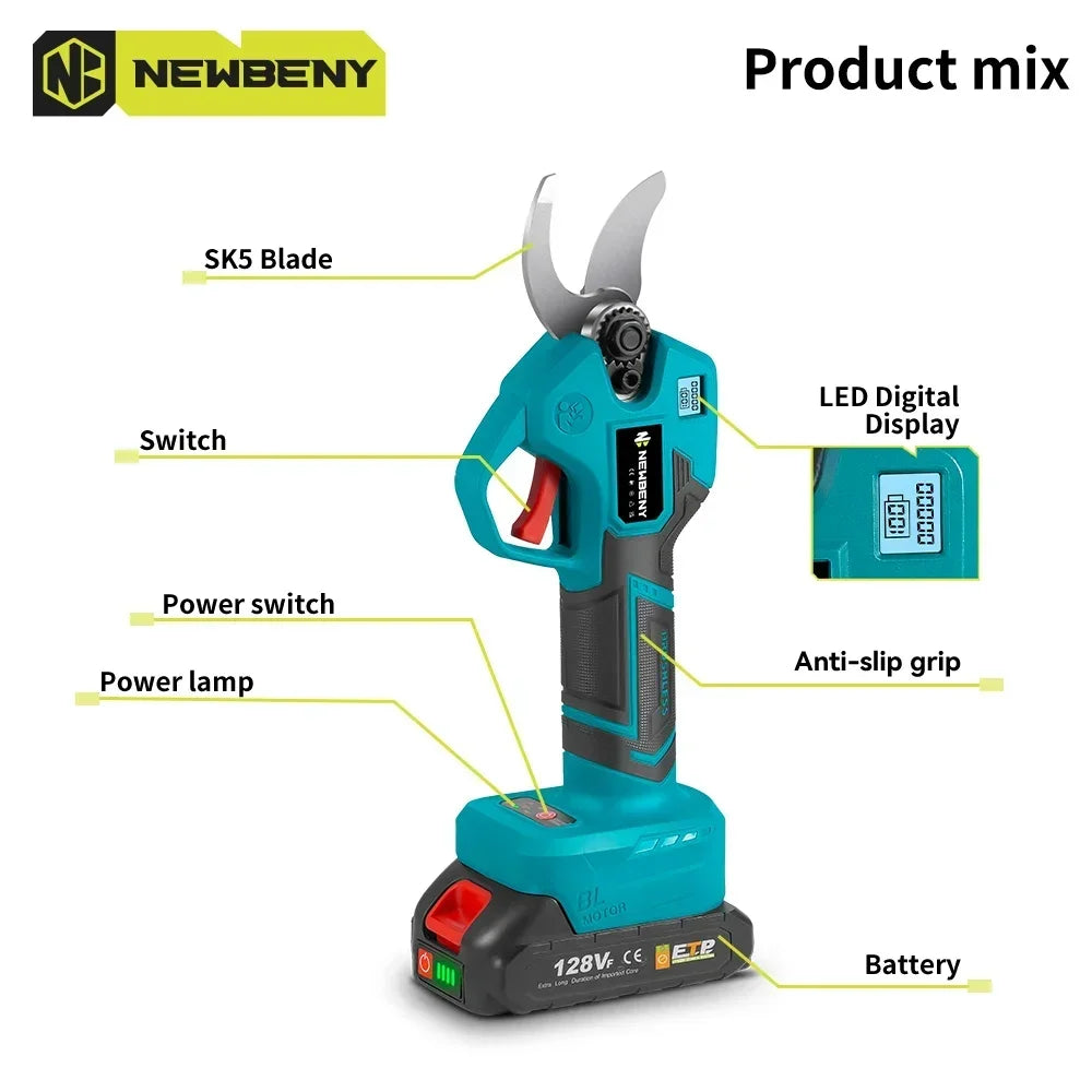 NEWBENY 30mm Brushless Electric Pruning Shears 4 Gear Cordless Garden Fruit Tree Bonsai Beautify Tool For  18V-21V Battery