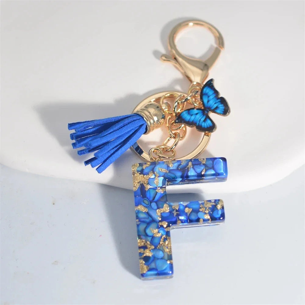 Personalized Glazed Stone Letter Keychain – Elegant A–Z Monogram with Tassel & Butterfly