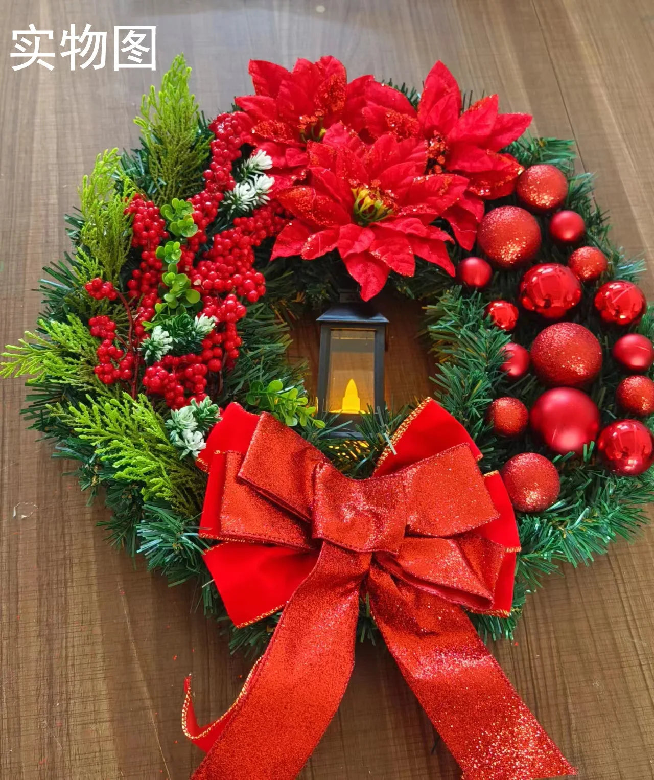 45cm Christmas Decoration Golden Wreath With Lamp For Front Door Red Ball Flower Garland Xmas Ornament Window Wall Hanging Decor