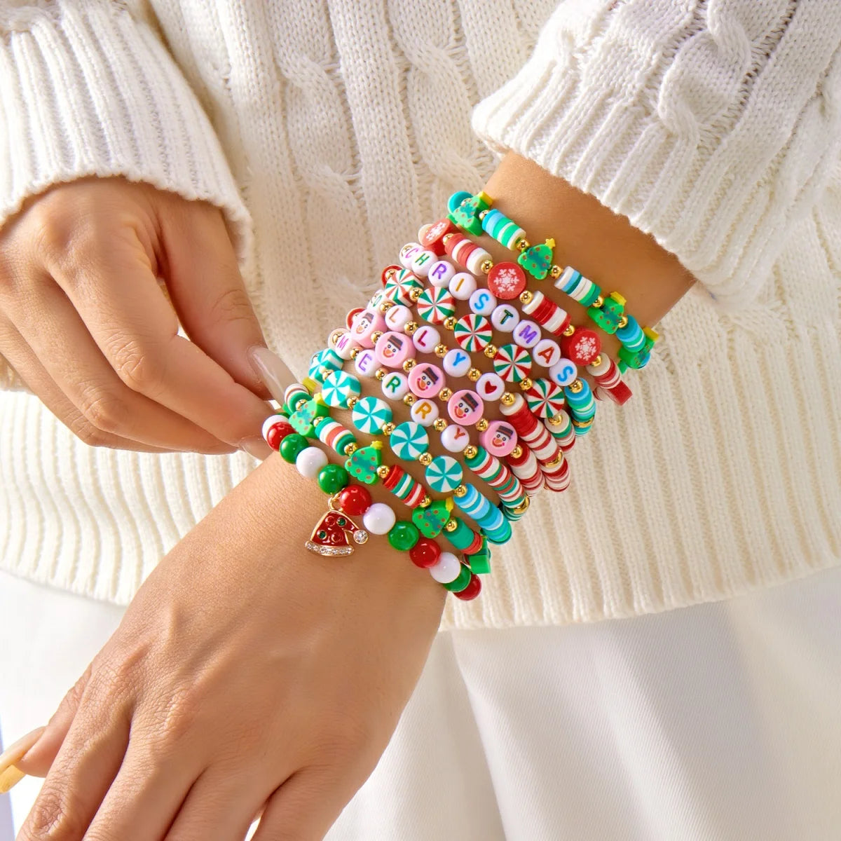 10Pcs/Set Multilayer Christmas Bracelet Snowman Tree Gift Box Snowflake Santa Claus Soft Clay Beads Bangle For Women Men Jewelry