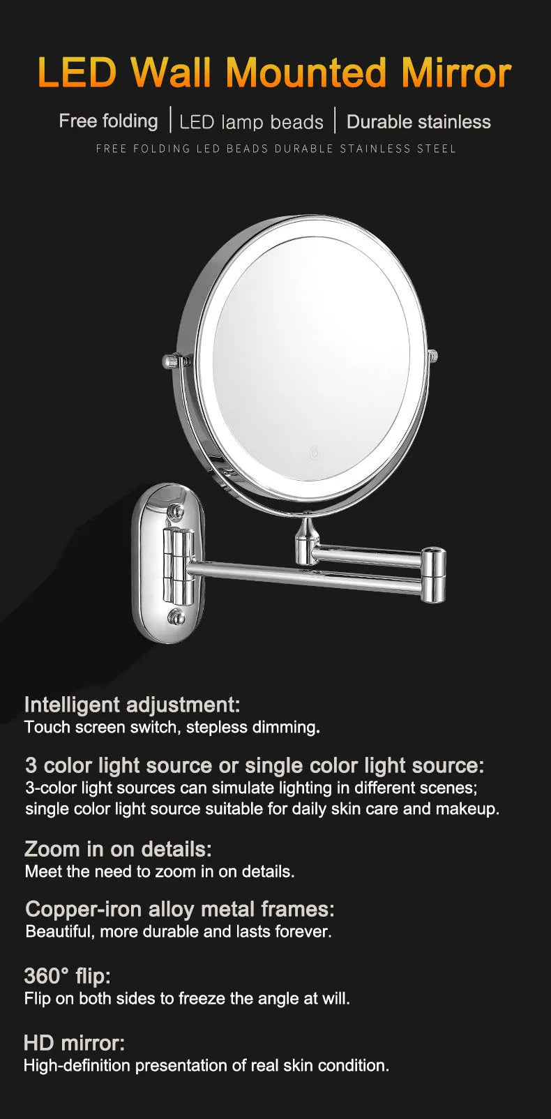 Wall Folding Makeup HD Mirror Double Side Fill Light Magnifying USB Charging Led Tricolor Dimming Bathroom Cosmetic Mirrors