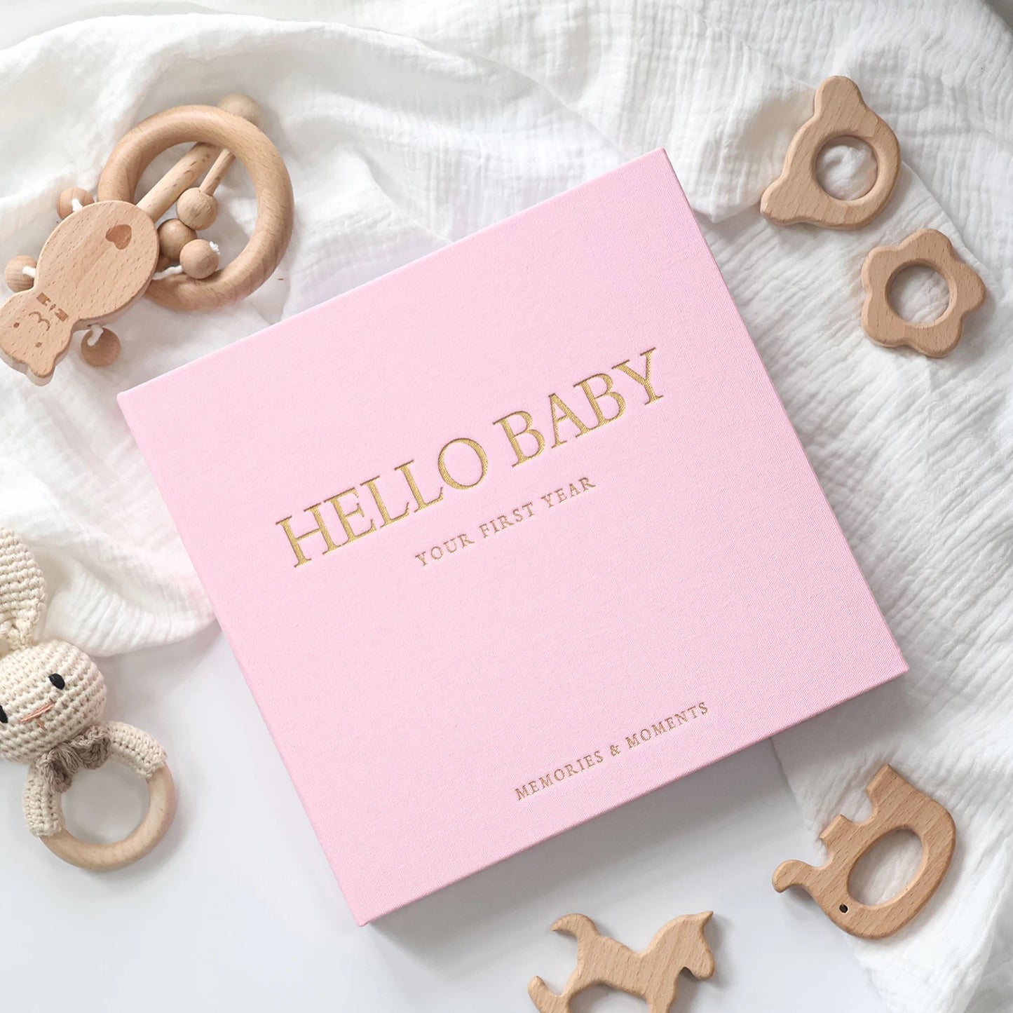 ERATOPIC Linen Fabric Golden Logo Hello Baby Memory Keepsake Book Hidden Spiral Binding Baby Memory Journal For Baby Shower