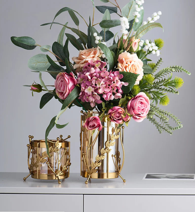 Metal Glassflower Vase Golden Hollow Frame Hydroponic Flower Arrangement Home Decoration Multifunctional Candle Holder