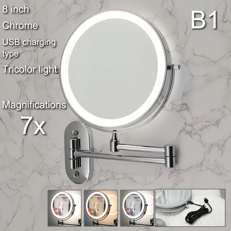 Wall Folding Makeup HD Mirror Double Side Fill Light Magnifying USB Charging Led Tricolor Dimming Bathroom Cosmetic Mirrors