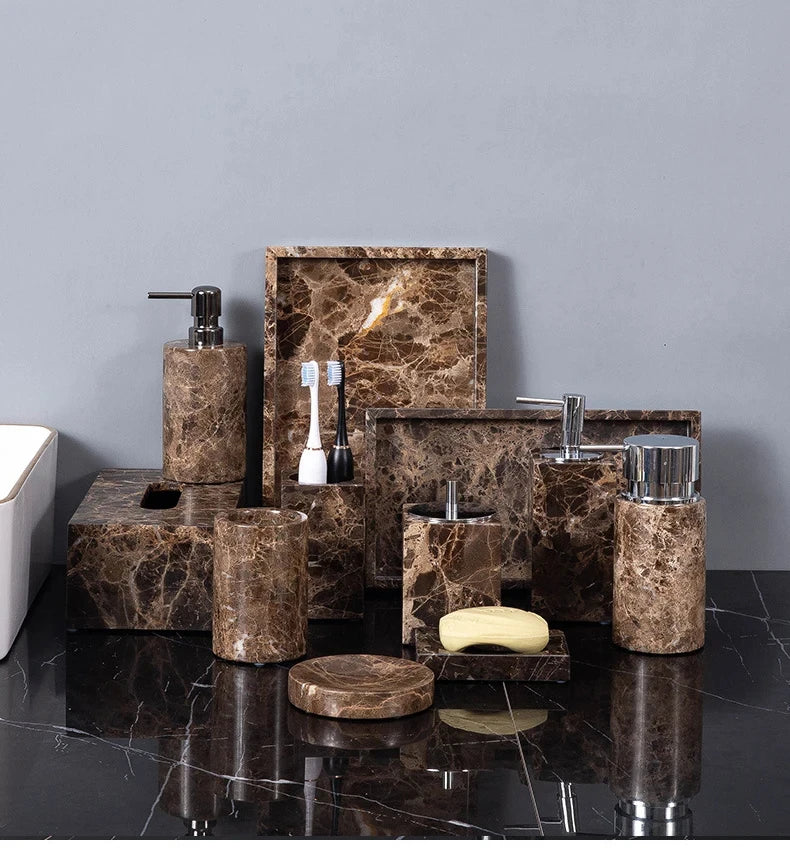 Emperador Dark Natural Marble Bathroom Set Brown Luxury Toothbrush Holder Soap Dish Soap Dispenser Bathroom Accessories