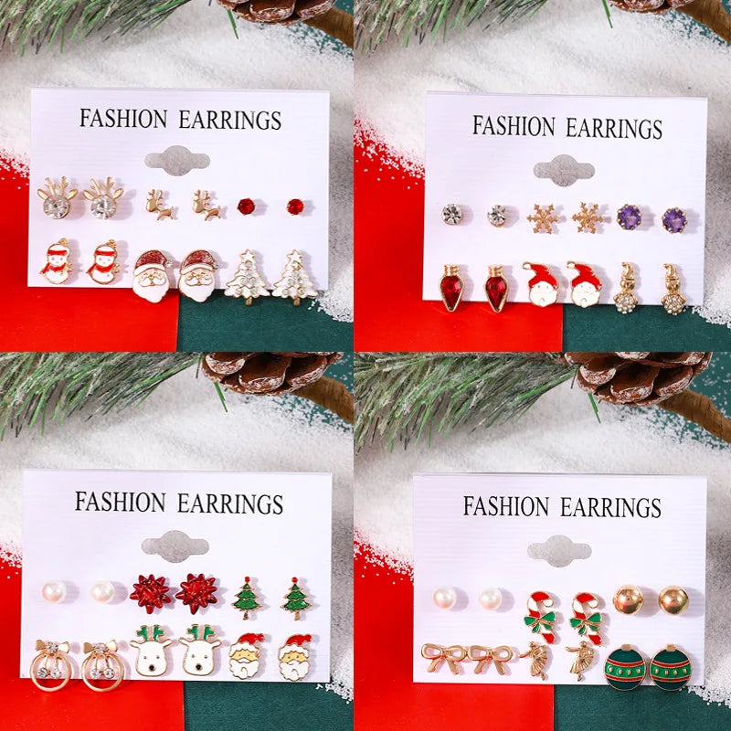 6 Pairs Christmas Earrings Xmas Tree Elk Snowman Santa Claus Cute Ear Stud Dangle Earrings Christmas Gifts For Women Girls Kids