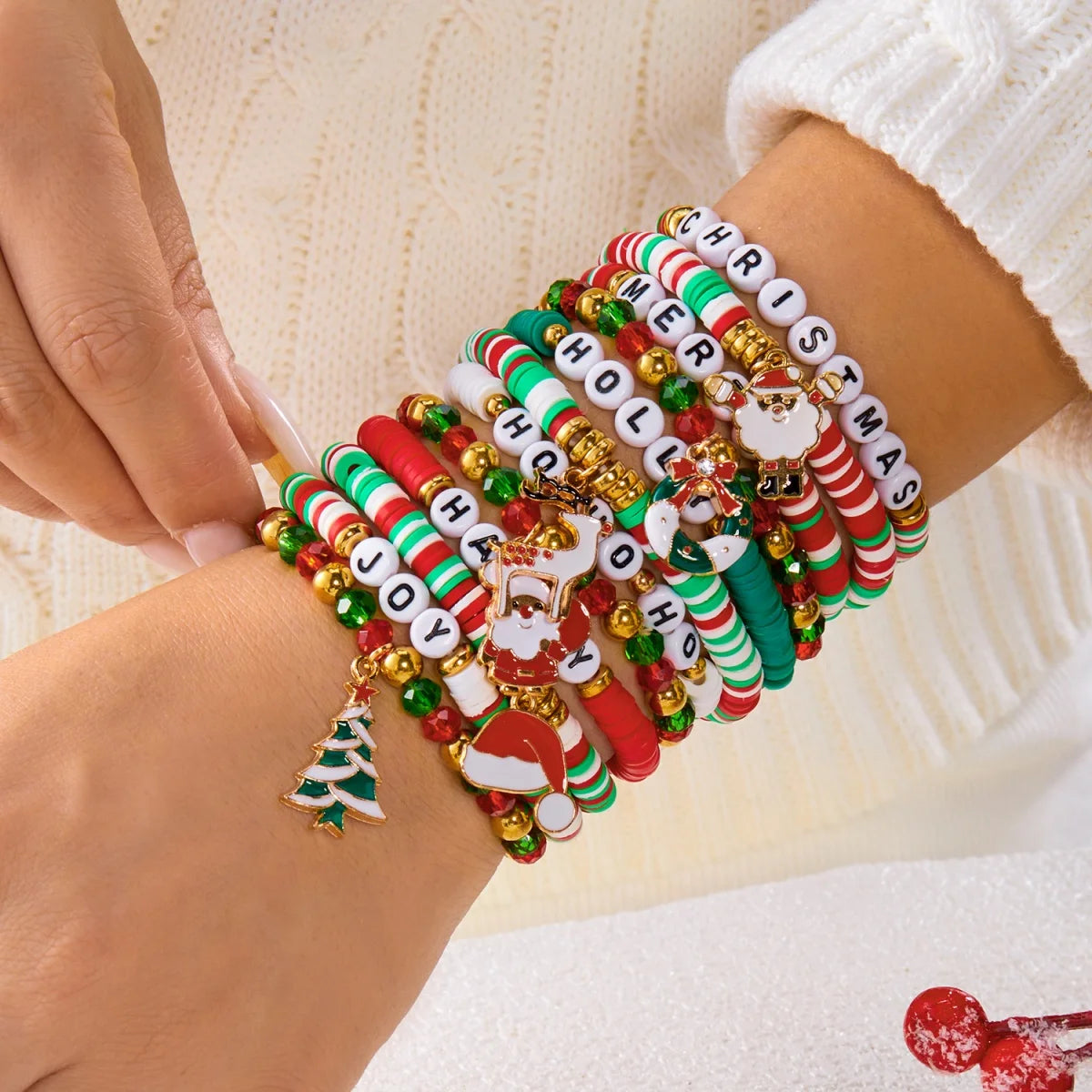 12Pcs/Set Christmas Bracelet Set Santa Claus Wreath Reindeer Xmas Tree Soft Clay Beaded Holiday Party Jewelry Gift For Women Men