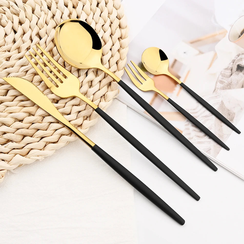 36pcs Black Gold Cutlery Set Knife Fork Spoon Chopsticks Dinnerware Set Stainless Steel Cake Forks Teaspoons Tableware Flatware