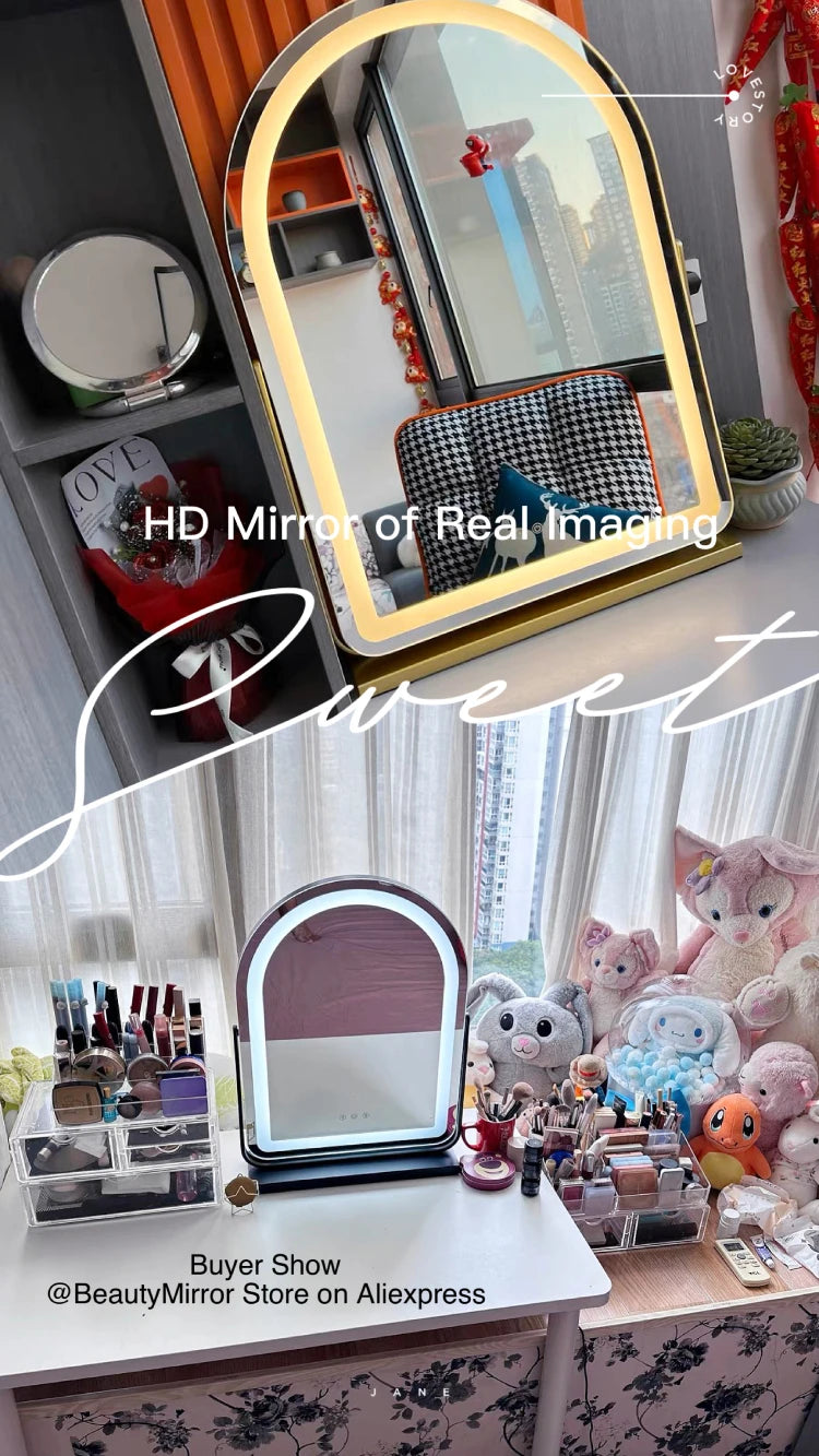LED Lighted Arched Large Vanity Lighted Makeup Mirror for Bedroom Smart Touch Control 3 Color Lighting Modes Detachable 15x