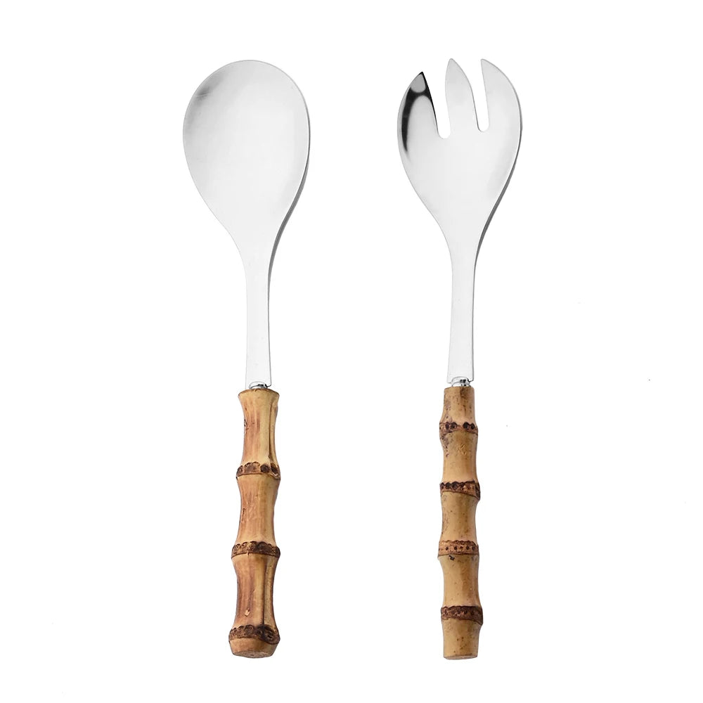 2/4Pcs Long Handle Serving Spoon Fork Bamboo Wooden Handle Salad Spork Kitchen Stainless Steel Tableware Cutlery Silverware Set