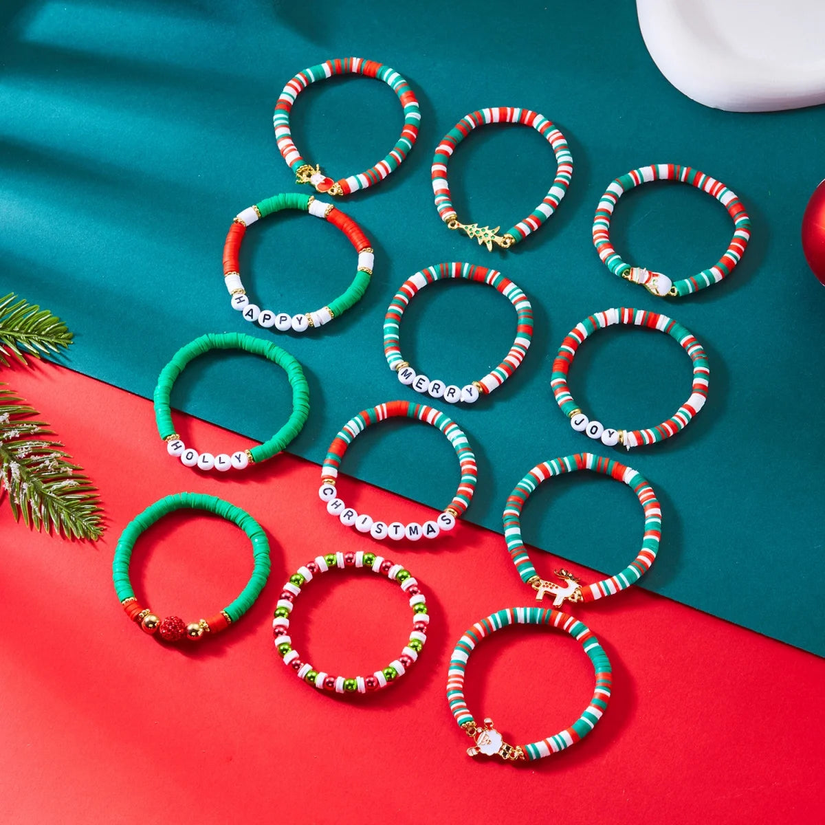 12Pcs/Set Christmas Bracelet Set Santa Claus Wreath Reindeer Xmas Tree Soft Clay Beaded Holiday Party Jewelry Gift For Women Men