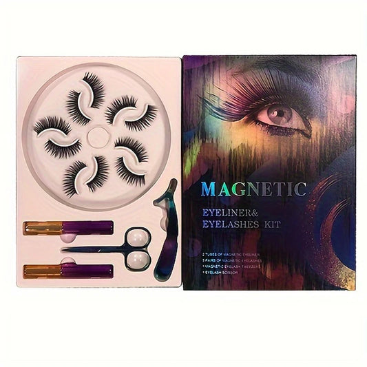Magnetic false eyelashes, five magnet liquid eyeliner eyelashes, with tweezers set, 3D three-dimensional natural thick, suitable
