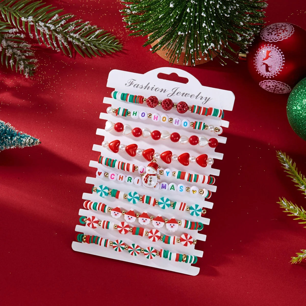 10Pcs/Set Multilayer Christmas Bracelet Snowman Tree Gift Box Snowflake Santa Claus Soft Clay Beads Bangle For Women Men Jewelry