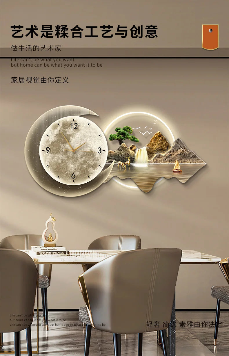 Restaurant Decoration Painting Clock Silent Luxury High Grade Luminous Landscape Mural
