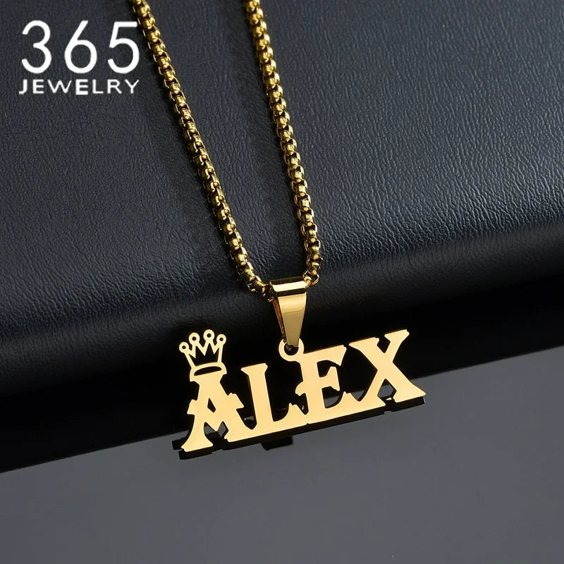 Royal Elegance: Custom Stainless Steel Name Necklace with Crown Pendant & Thick Chain