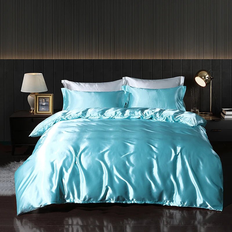 Luxury Satin  Bedding Set With Fitted Sheet Duvet Cover High End Bedding Sets High Density Satin  Solid Color Bedding