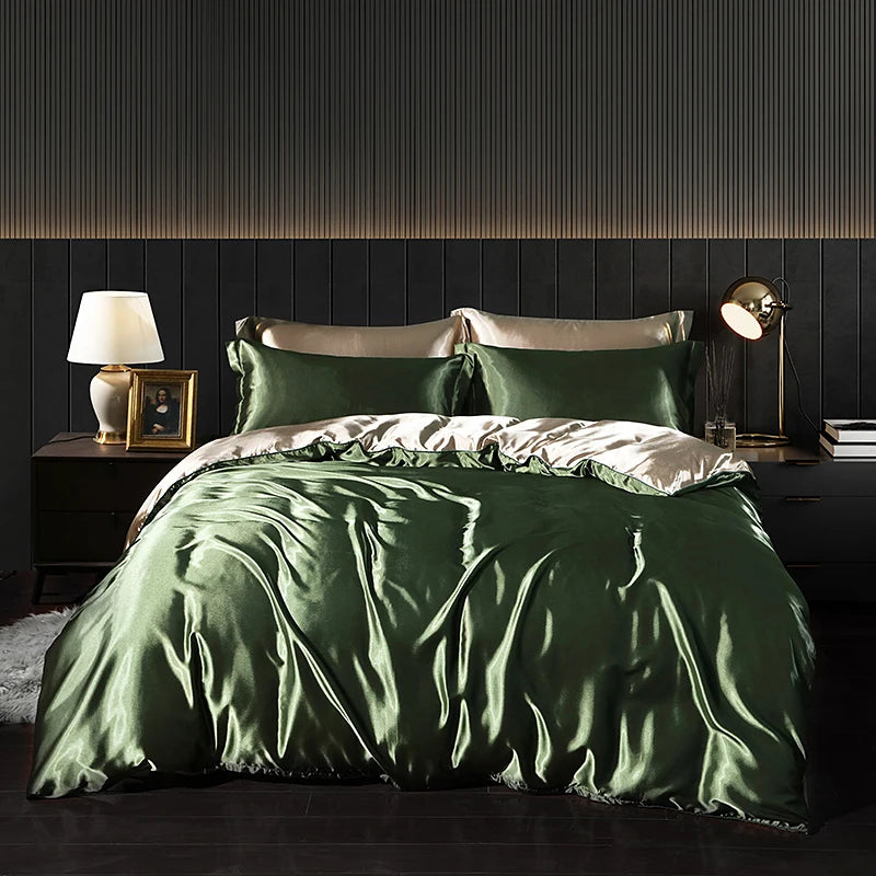 Luxury Satin  Bedding Set With Fitted Sheet Duvet Cover High End Bedding Sets High Density Satin  Solid Color Bedding