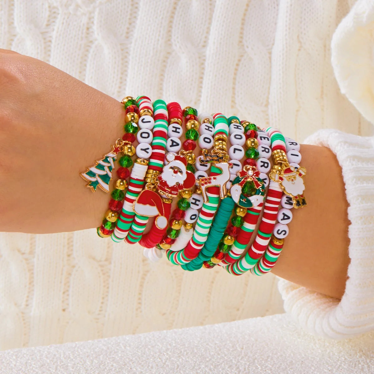 12Pcs/Set Christmas Bracelet Set Santa Claus Wreath Reindeer Xmas Tree Soft Clay Beaded Holiday Party Jewelry Gift For Women Men