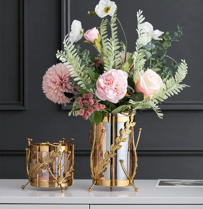 Metal Glassflower Vase Golden Hollow Frame Hydroponic Flower Arrangement Home Decoration Multifunctional Candle Holder