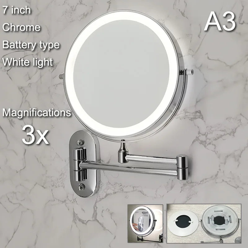 Wall Folding Makeup HD Mirror Double Side Fill Light Magnifying USB Charging Led Tricolor Dimming Bathroom Cosmetic Mirrors