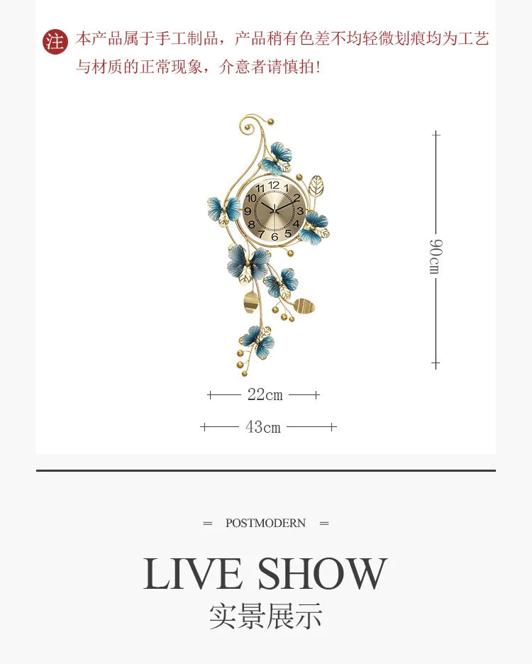 Metal Butterfly Wall Clock Home Fashion Creative Decoration Clock  Silent Sweep Seconds Quartz Watch Personality Wall Watchs