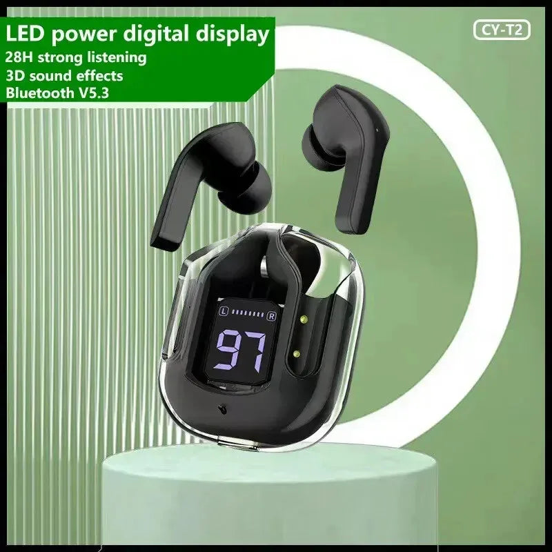 T2 Transparent Bluetooth Earbuds – HiFi Sound with LED Power Display