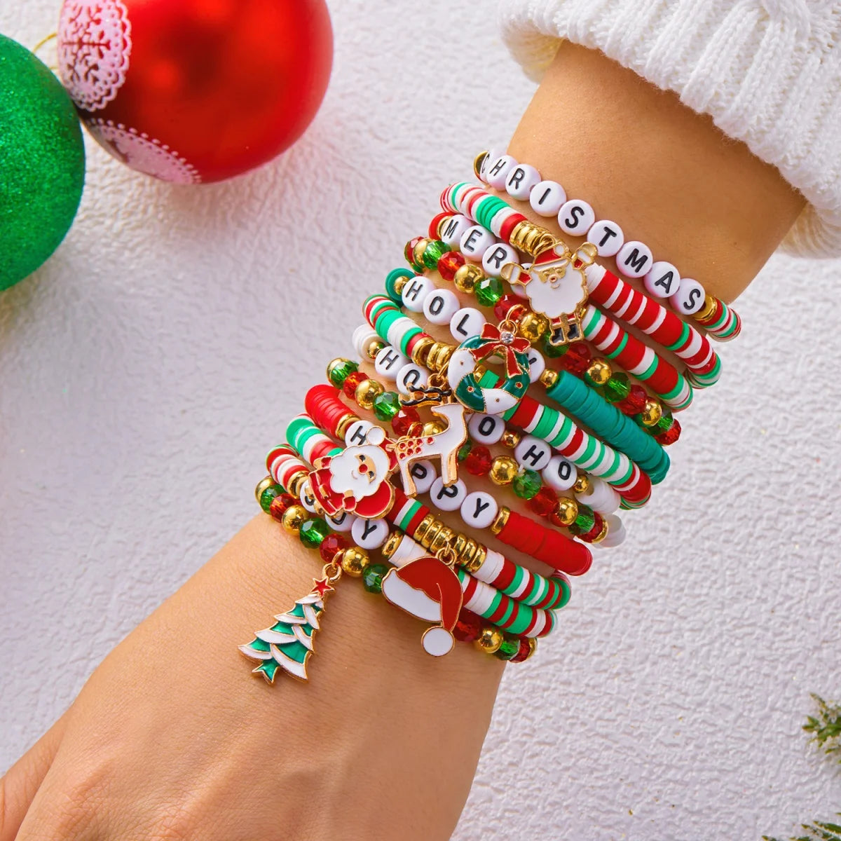 12Pcs/Set Christmas Bracelet Set Santa Claus Wreath Reindeer Xmas Tree Soft Clay Beaded Holiday Party Jewelry Gift For Women Men