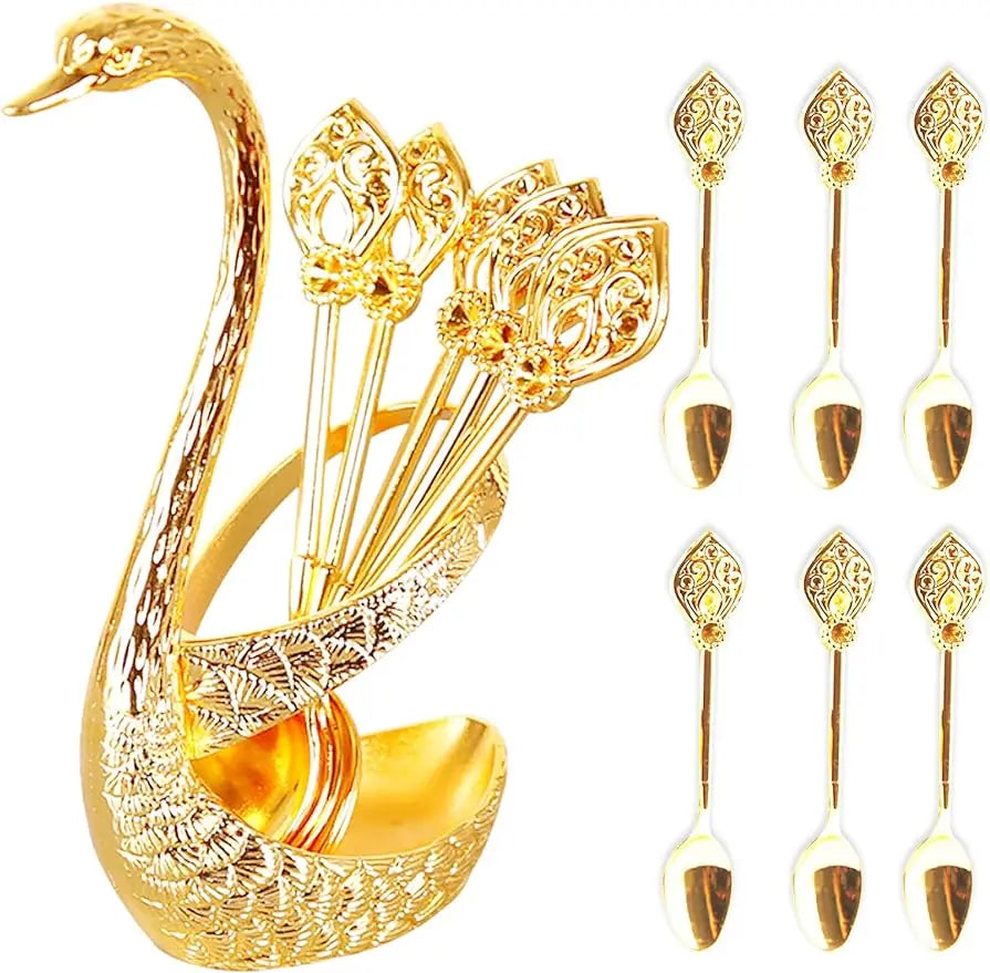 Ice Cream Cake Coffee Tea Stirring Spoons Dessert Swan Holder Cutlery Spoons Set Cutlery Kitchen Tableware 1 Set of 7 Pieces