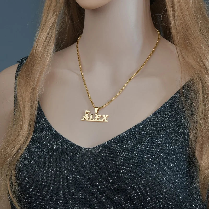 Royal Elegance: Custom Stainless Steel Name Necklace with Crown Pendant & Thick Chain