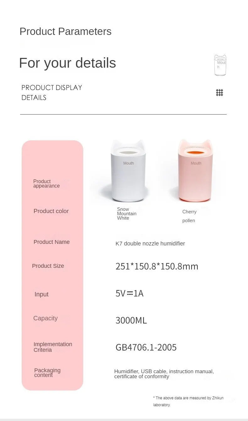 3000Ml Dual Jet Air Humidifier Large Capacity Atomizer Ultrasonic Aroma Diffuser Cool Mist Maker Air Humificador Purifier