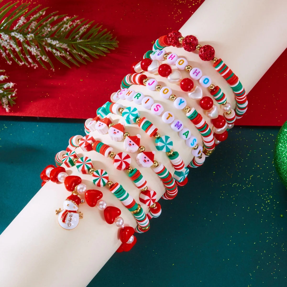 10Pcs/Set Multilayer Christmas Bracelet Snowman Tree Gift Box Snowflake Santa Claus Soft Clay Beads Bangle For Women Men Jewelry