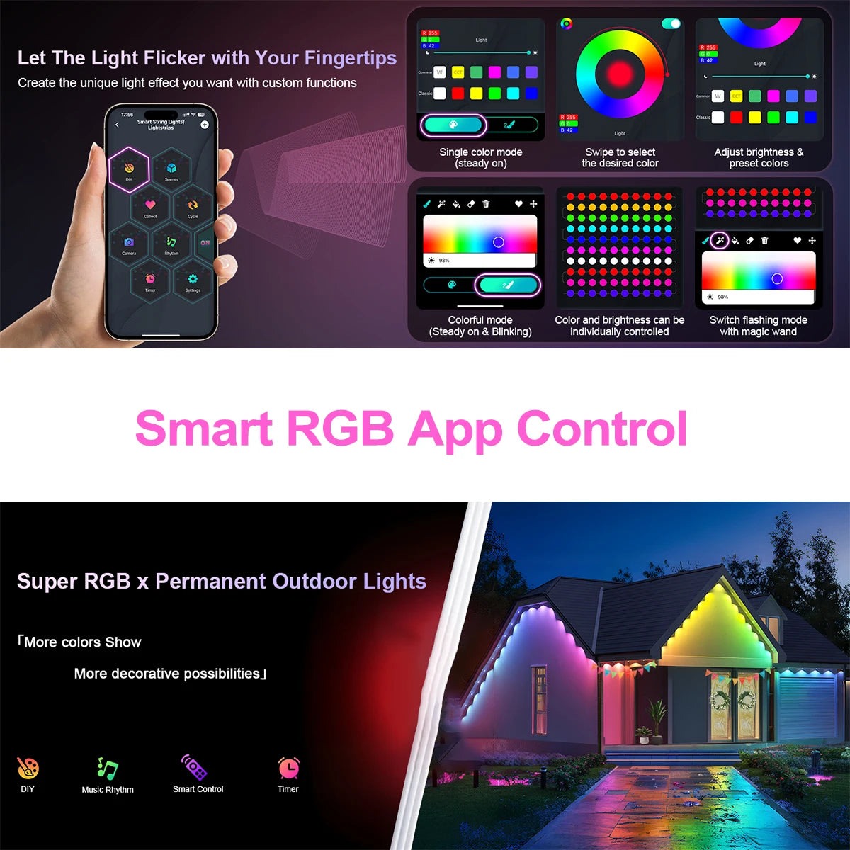 60M Smart RGB Eave Lights App & Remote IP67 Permanent Outdoor LED String Lights Home New Year Christmas Birthday DIY Lighting