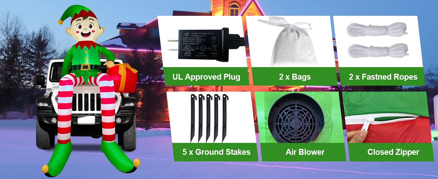 8FT Christmas Inflatables Outdoor Decorations, Christmas Inflatable Sitting Elf Christmas Yard Decorations Bliud-in LED Lights