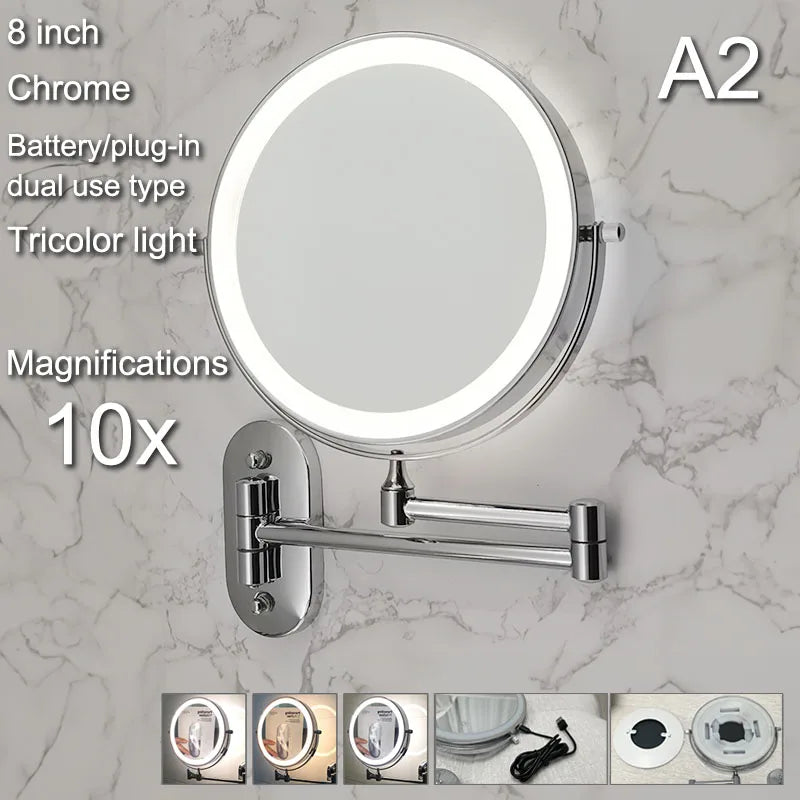 Wall Folding Makeup HD Mirror Double Side Fill Light Magnifying USB Charging Led Tricolor Dimming Bathroom Cosmetic Mirrors