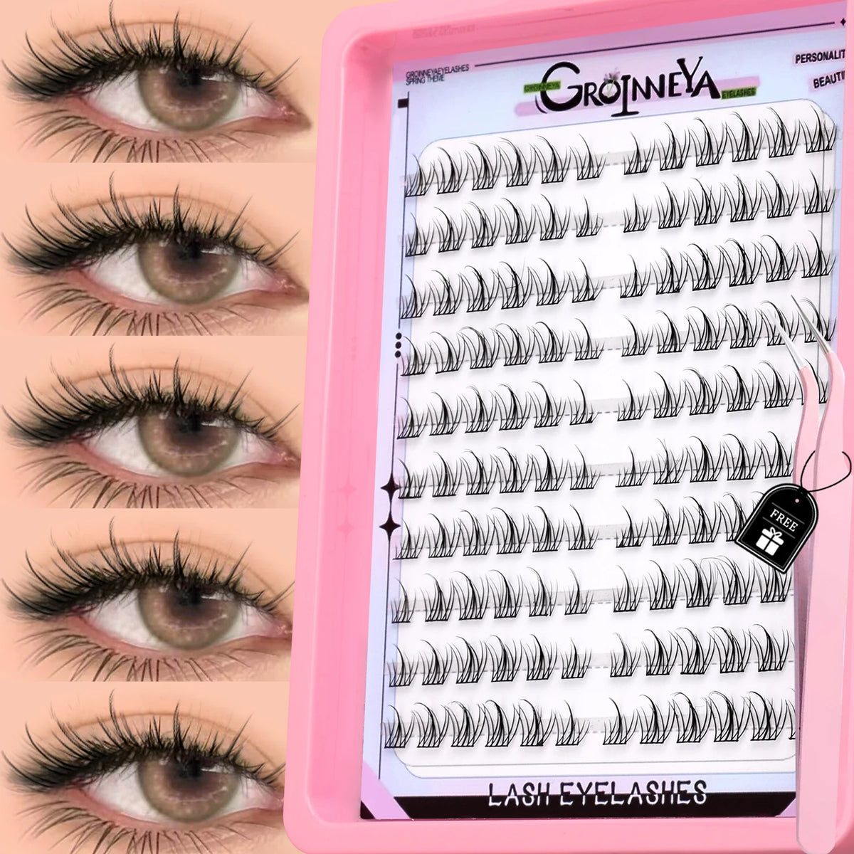 GROINNEYA Natural Cluster Lashes C Curl Manga Lashes Soft Cross Wispy Individual Cluster Anime Eyelashes Extension Eye Makeup