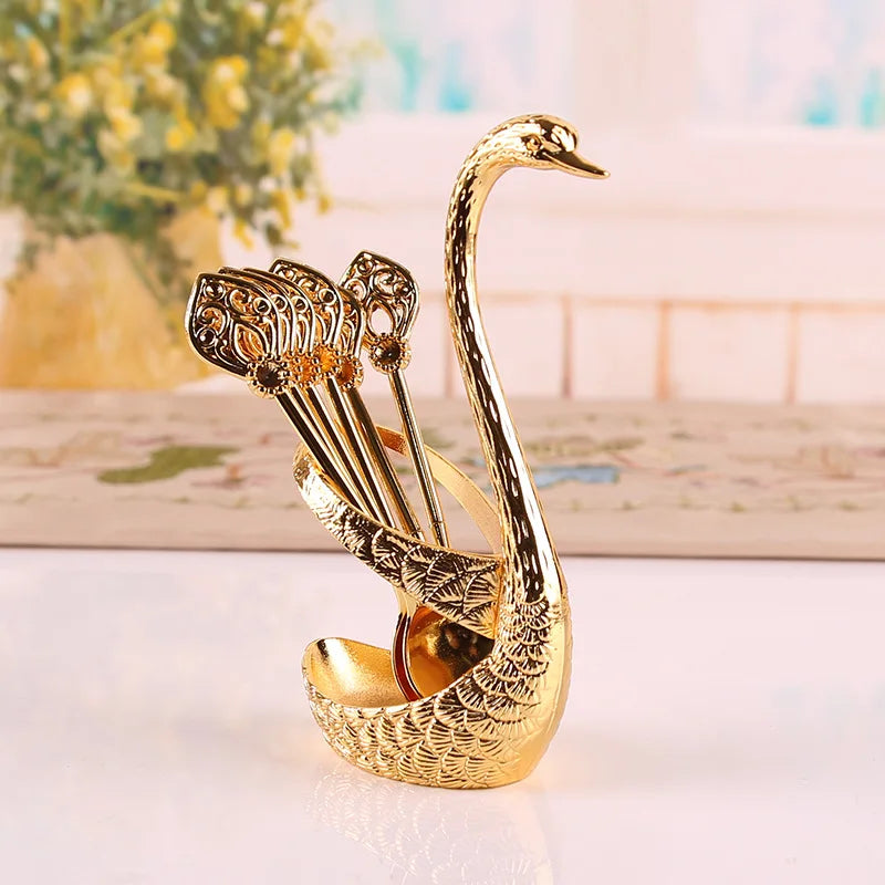 Ice Cream Cake Coffee Tea Stirring Spoons Dessert Swan Holder Cutlery Spoons Set Cutlery Kitchen Tableware 1 Set of 7 Pieces