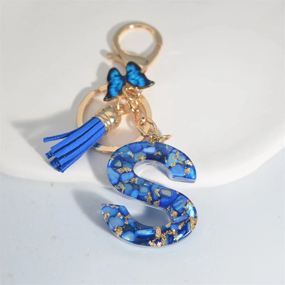 Personalized Glazed Stone Letter Keychain – Elegant A–Z Monogram with Tassel & Butterfly
