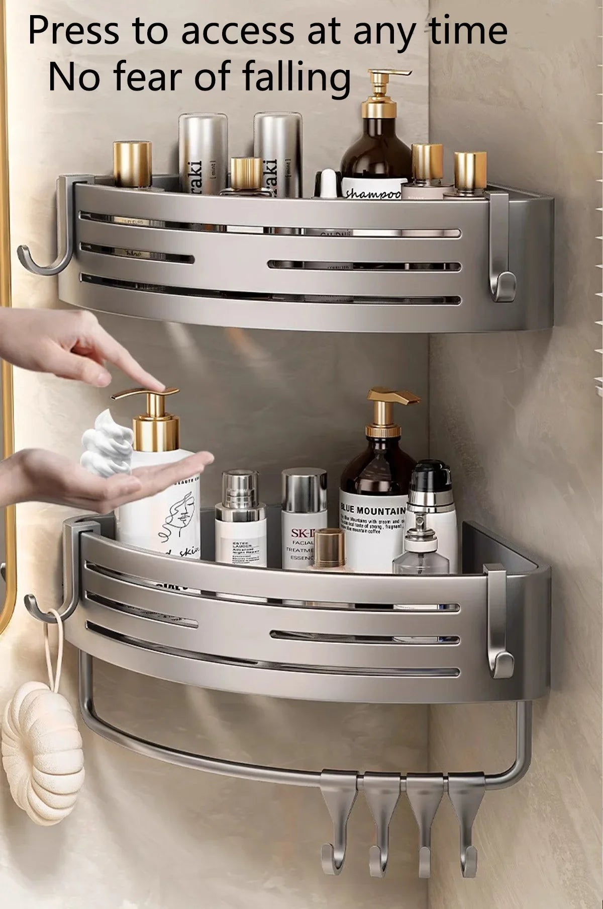 1-2PCS Shower Corner Shelf with Towel Bar Hook Space Aluminum Bathroom Shelf Without Drilling Shampoo Holder Bathroom Accessorie
