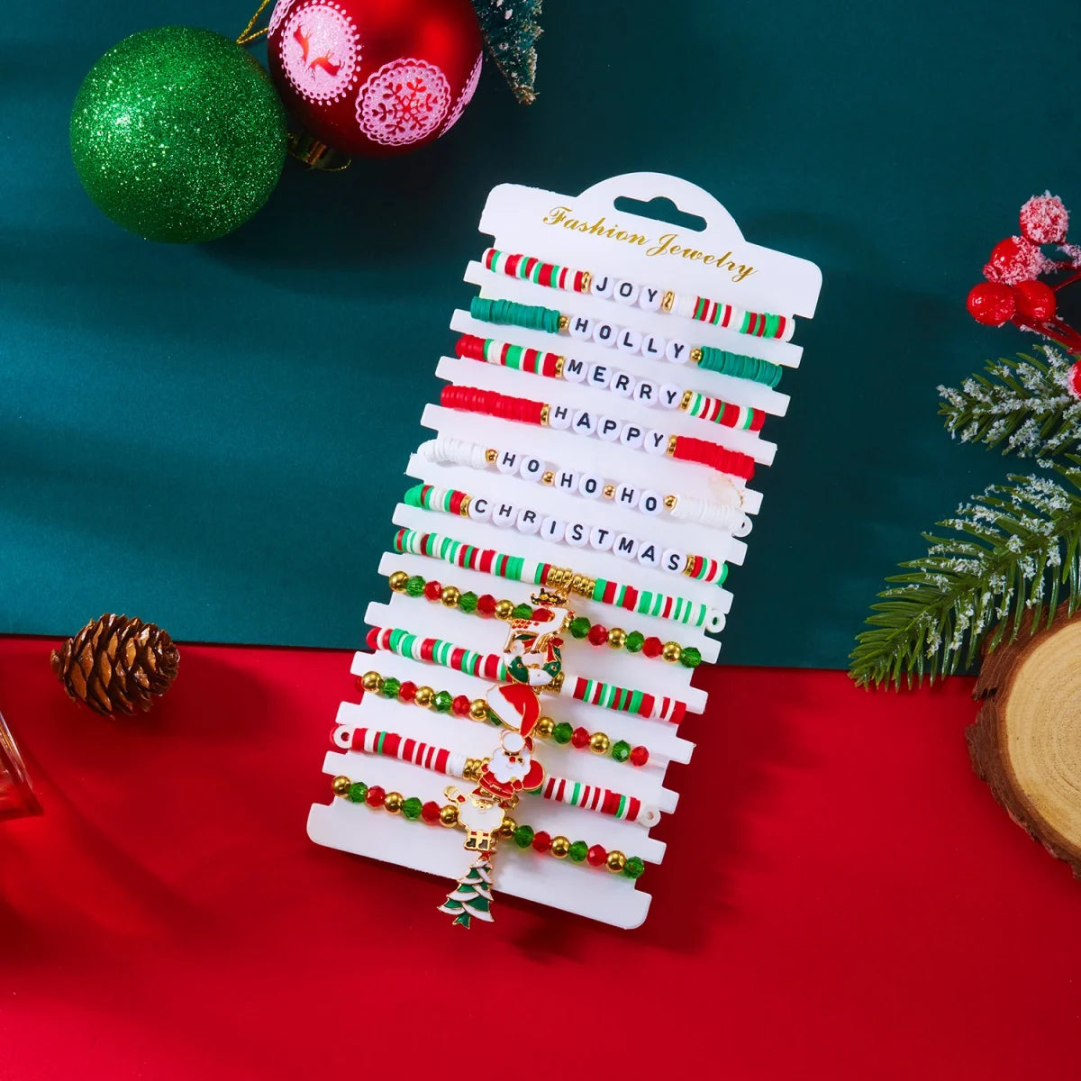 12Pcs/Set Christmas Bracelet Set Santa Claus Wreath Reindeer Xmas Tree Soft Clay Beaded Holiday Party Jewelry Gift For Women Men