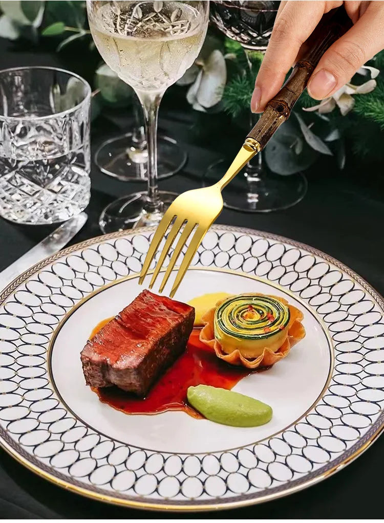 Black Nature Bamboo Dinnerware Sets Stainless Steel Upscale Cutlery Fork Spoon Home Kitchen Tableware Gold and Silver