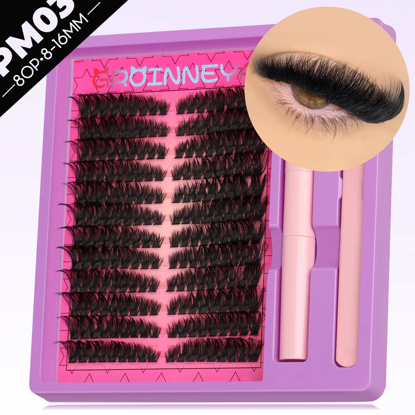 GROINNEYA LuxeCat DIY Lash Extension Kit – Mixed-Length Clusters with Bond, Seal & Tweezers