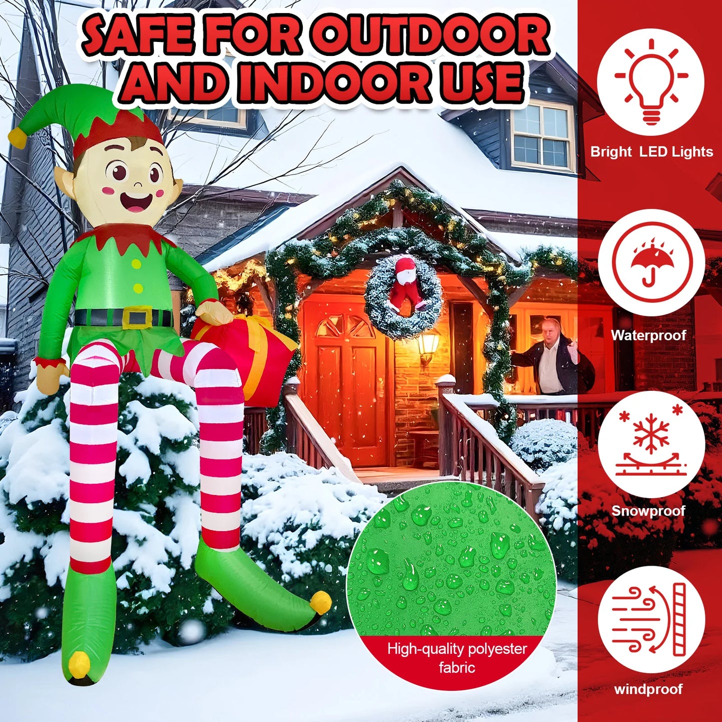 8FT Christmas Inflatables Outdoor Decorations, Christmas Inflatable Sitting Elf Christmas Yard Decorations Bliud-in LED Lights