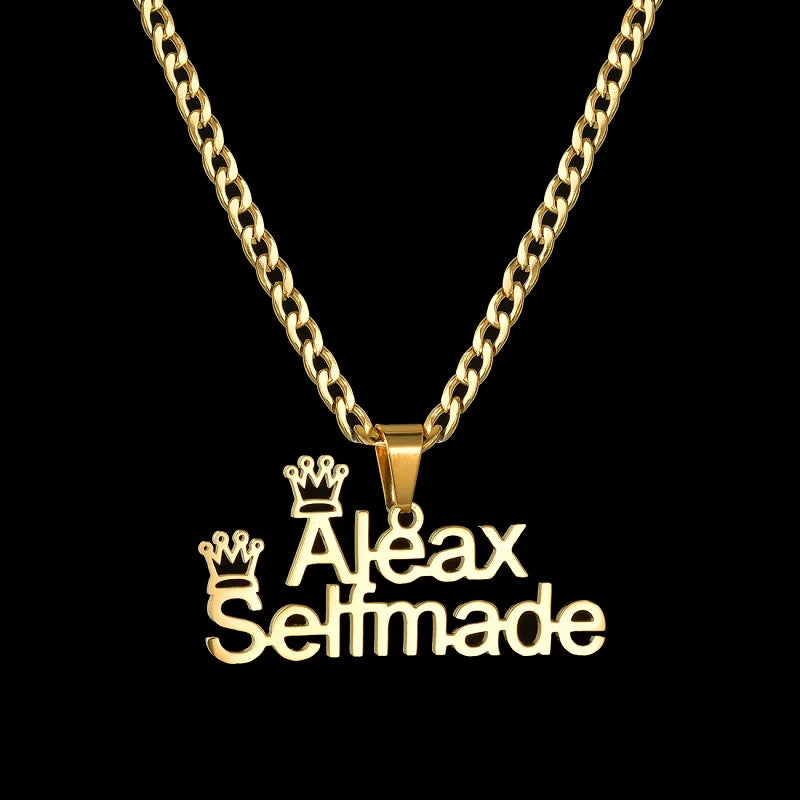 Royal Elegance: Custom Stainless Steel Name Necklace with Crown Pendant & Thick Chain