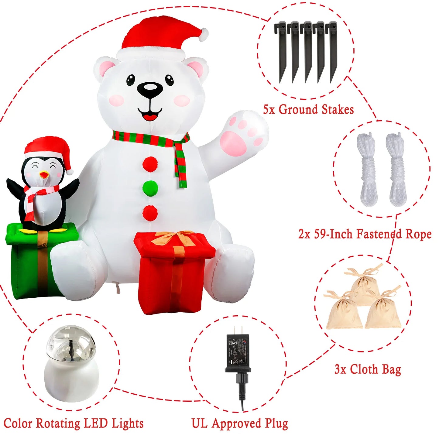 6FT Christmas Inflatables Outdoor Decorations Polar Bear Inflatable with Penguin Blow up with LED Light for Xmas Outdoor Decor
