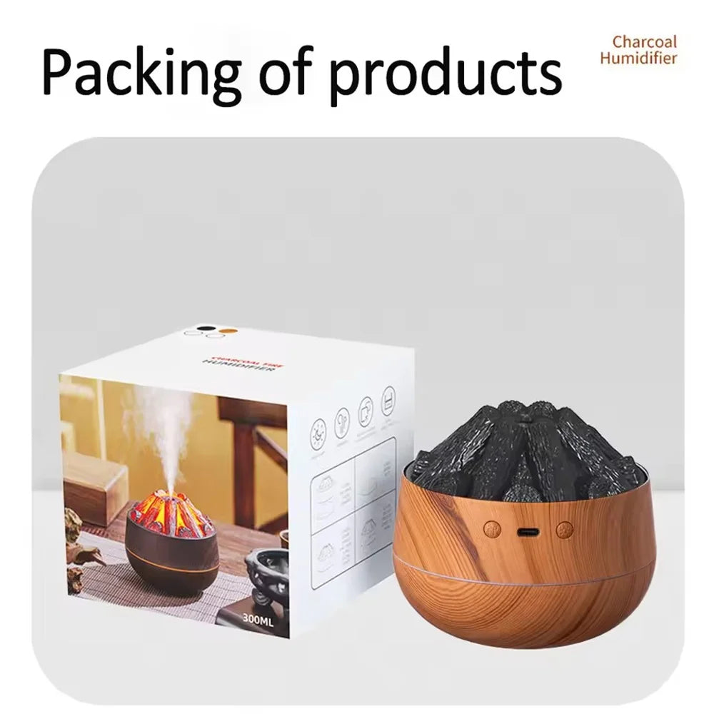 Charcoal Flame Humidifier Aromatherapy Essential Oil Diffuser 300ml Mist Ultrasonic Humidifier for Bedroom Office Night Light