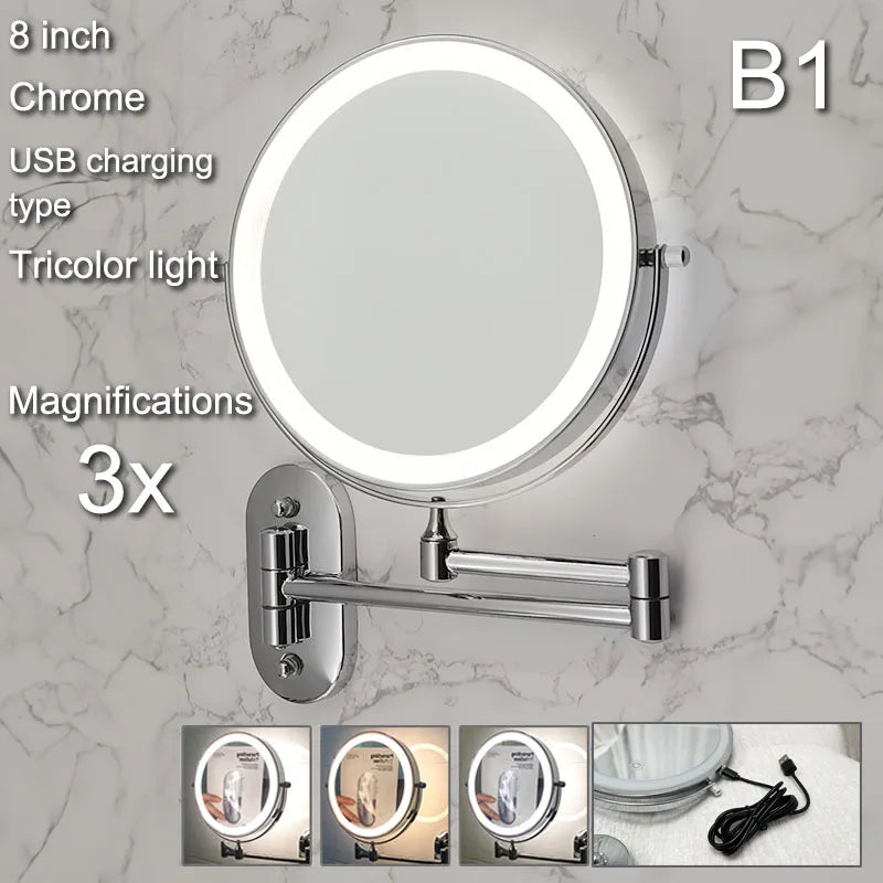 Wall Folding Makeup HD Mirror Double Side Fill Light Magnifying USB Charging Led Tricolor Dimming Bathroom Cosmetic Mirrors