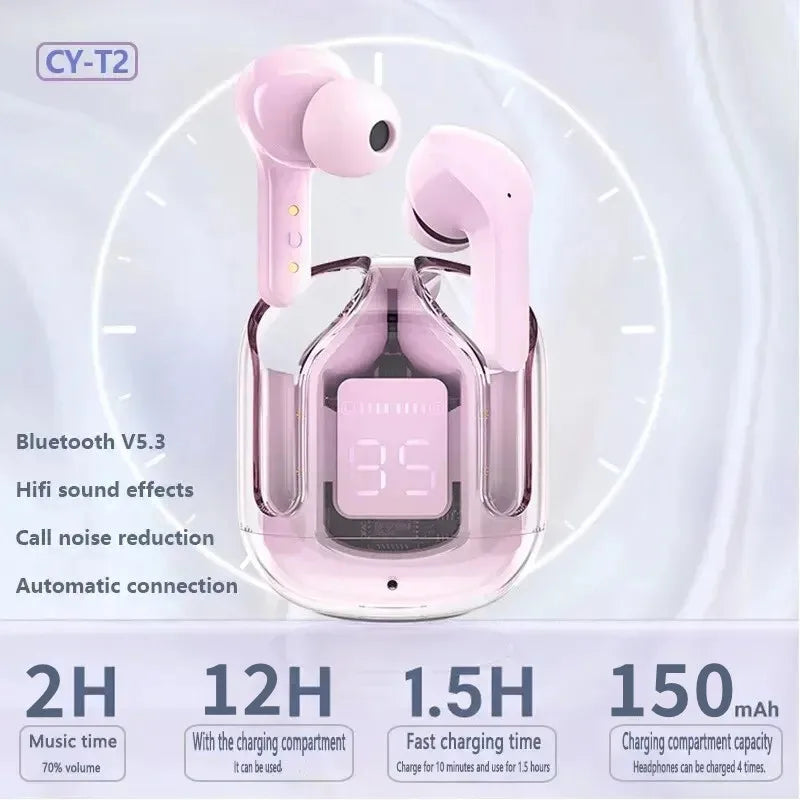T2 Transparent Bluetooth Earbuds – HiFi Sound with LED Power Display