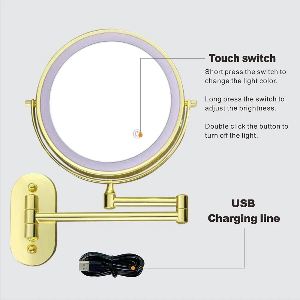 8 Inch Gold Wall Mounted Makeup LED Mirror 3X-10X Magnifying USB Charing Double Side Bathroom Smart 3 color Cosmetic Mirror
