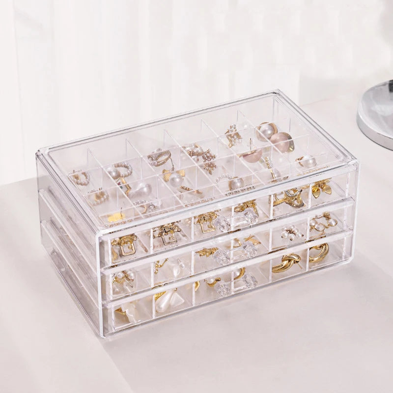 Acrylic Jewelry Organizers and Storage Box with 3 Drawers, Clear Jewelry Box for Women, Earring Organizer for Ring Necklace