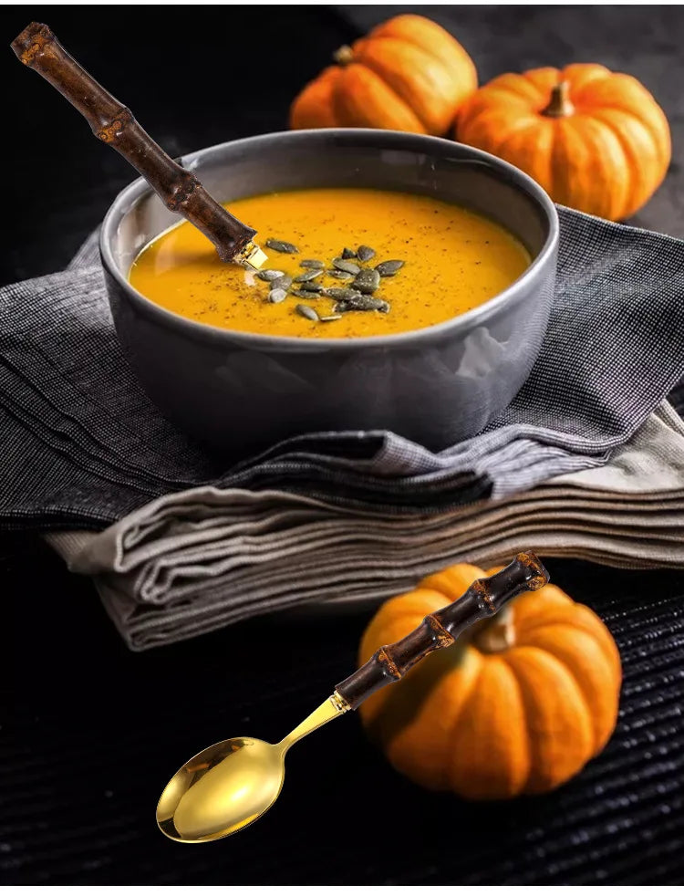 Black Nature Bamboo Dinnerware Sets Stainless Steel Upscale Cutlery Fork Spoon Home Kitchen Tableware Gold and Silver